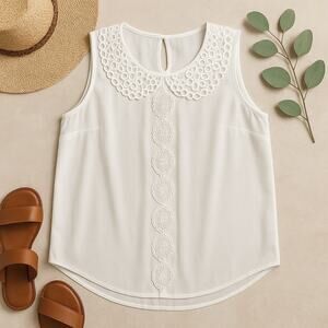 Cottagecore White Sleeveless Blouse w/Peter Pan Lace Collar & Crochet Trim